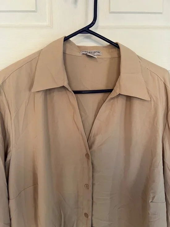 Vintage Notations Beige Button Down Long Sleeve Blouse Plus 2X Work Office Prep - Picture 2 of 7